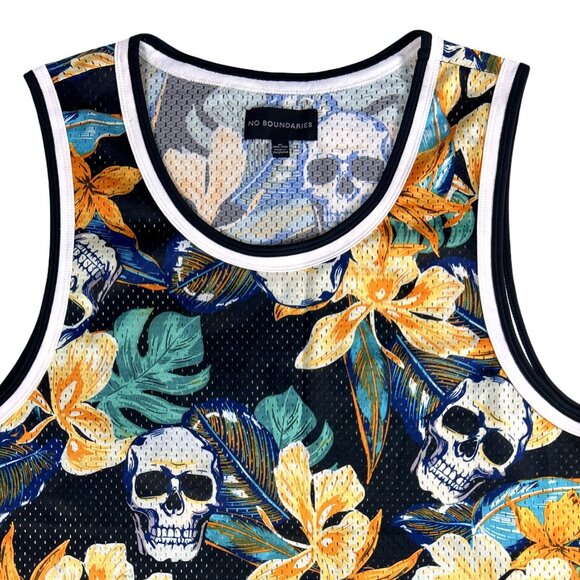 Skull Floral Day of the Dead Tank Top Y2K Mesh Long-Line, Size XL - Picture 5 of 13